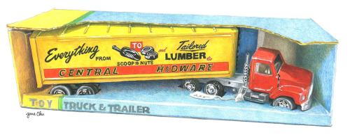 Photo-real illustration of a toy semi-truck with trailer in a cardboard case. The yellow trailer includes the name Central Hardware and the slogan Everything from Scoop to Nuts.
