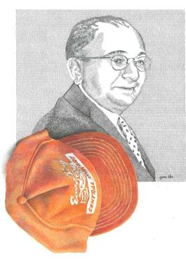 Illustration of a man with thin-rimmed glasses, suit jacket, and tie. AS if lying on top of a photograph, the drawing includes an orange Central  Hardware hat overlapping the man’s portrait.