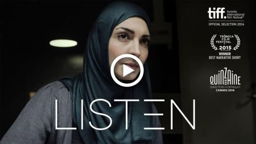 A woman in a hijab looks pensive. Title of the film in white below her face: LISTEN. White video play button superimposed in the center.