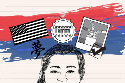 Digital illustration of an Asian American with an American flag, I Voted Sticker, the Chinese character for "hope," and a Polaroid of a ballot box above her head.