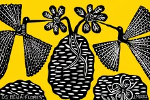 Digitized block print of black and white birds, flowers, and tree on a bright yellow background. In the bottom left corner is the name of the artwork, “Os Beija-Flores,” and in the bottom right corner is the artist’s name.