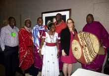 Paul Meliera, Benson Leyian, John Kamanga, Agnes Lunkat, Stephen Moiko, Sally Van de Water, and Johnson Ole Sipitiek at the intangible cultural heritage symposium. Photo by Akea Brown