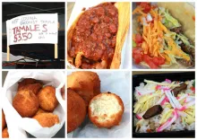 The traditional foods offered at Southern California Japanese American obon celebrations include tamales, tacos, Okinawan dangos, and chirashi. Photos by Mary Yogi, courtesy of Smithsonian Asian Pacific American Center, Gourmet Insersections: Asian-Latino Food Crossings