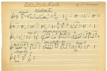 Handwritten musical notation on a browning sheet of paper.