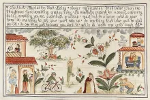Painting of scenes during the COVID pandemic: someone on a video chat, someone taking a vitamin, people outside doing yoga and cycling, a couple sitting together on the couch. At the top in a curly script reads, “Checklist: Isolation Well-Being: shower, medication, drink water, clean one thing/space. Be mindfully present to: a sound, a sensory feeling, something you see, a spiritual practice. Reach out to a human outside your home, do one thing to get your heart rate up, do one thing that later you'll be gl