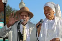 Francisco Rigores and Luci Murphy sing in the Day of the Dead celebration on November 2, 2019, in Lamont Park, Mount Pleasant neighborhood, Washington, D.C. Photo by Rick Reinhard