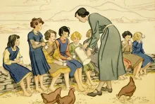 Drawing of a woman in long-sleeved dress pouring drinks from a pitcher for a line of seated schoolgirls. Three chickens peck at the grass in the foreground.