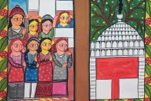 Detail of the National Mall scroll, depicting the women’s suffrage movement and the Capitol Building