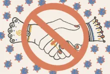 Digital illustration of two hands shaking with a red, circular NO symbol over it. In the background, a pattern of blue and red coronaviruses.