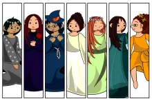 Digital illustration in cartoon-style of seven women dressed in different colors and ornaments: gray with a sparkly star tiara; purple with a rose; blue with autumn leaves in her hat; cream with white lace; green with a flower crown; jade green with a shawl; and golden yellow with butterfly hairclips.